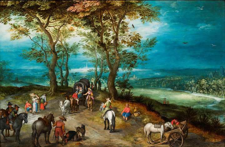 An Extensive Landscape with Horsedrawn Cart and Travellers on a road.